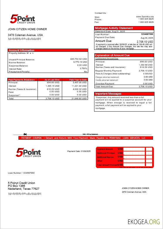 États , Unis Texas 5Point Credit Union relevé hypothécaire bancaire aux formats Word et PDF